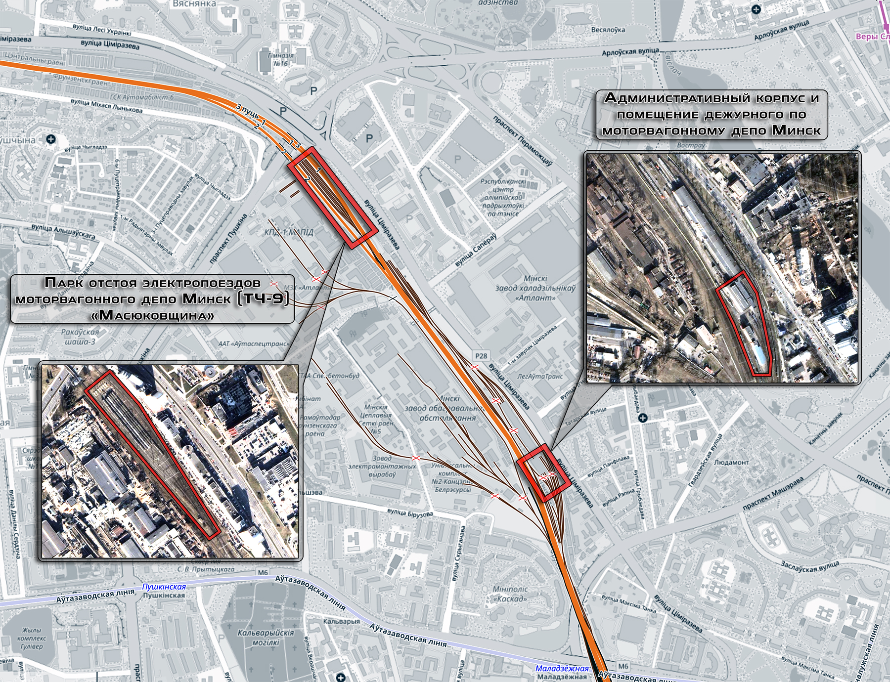 Расположение места происшествия 16-17.06.2025 относительно основной территории моторвагонного депо Минск